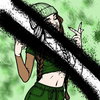 realistic teenage girl with braids and a beanie and crop top doing 🫶🏼