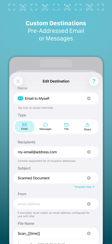Simple Scan • Quick Scanner - Interfaccia dell'app Simple Scan che mostra le impostazioni di destinazione personalizzate per email e messaggi pre-indirizzati.