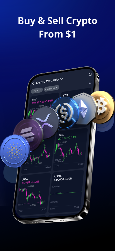Webull: Investing & Trading - Webull mobile app showing cryptocurrency watchlist and trading charts for BTC ETH and SOL