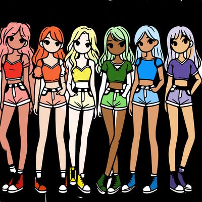 a group of girls wearing crop tops and shorts