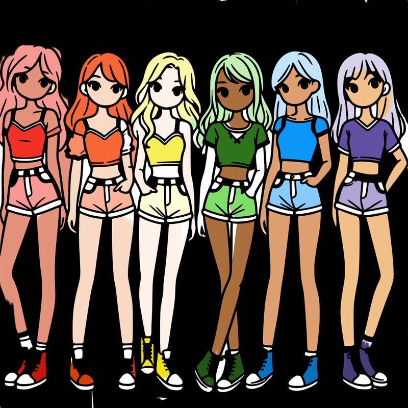 a group of girls wearing crop tops and shorts