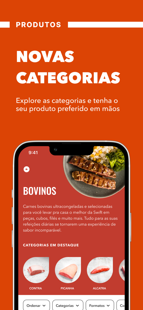 Loja Swift - Interface de l'application Loja Swift affichant les catégories de produits de bœuf comme la Picanha et l'Alcatra