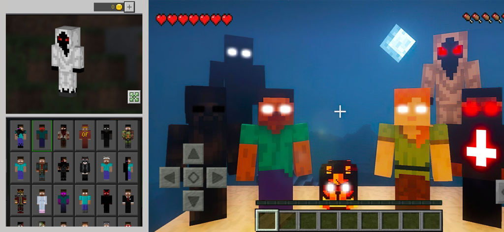Horror Addons for Minecraft PE - Interface mostrando skins assustadoras do Minecraft e entidades de terror com olhos brilhantes