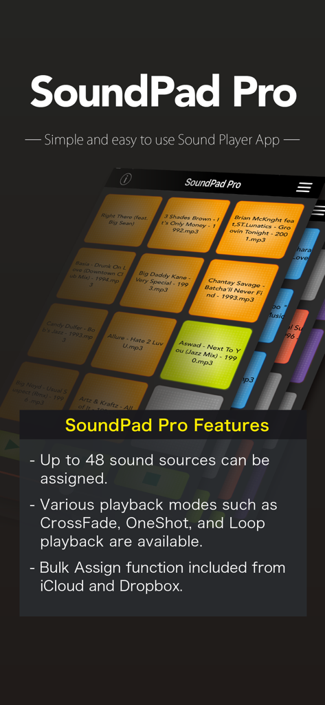 SoundPad Pro - Interface do aplicativo SoundPad Pro mostrando um soundboard de 48 pads e uma lista de recursos de reprodução profissional.