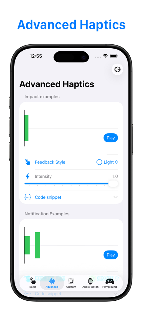 Haptic Testing: Developer Tool - Advanced haptics testing screen showing visualizers for impact examples and feedback style controls