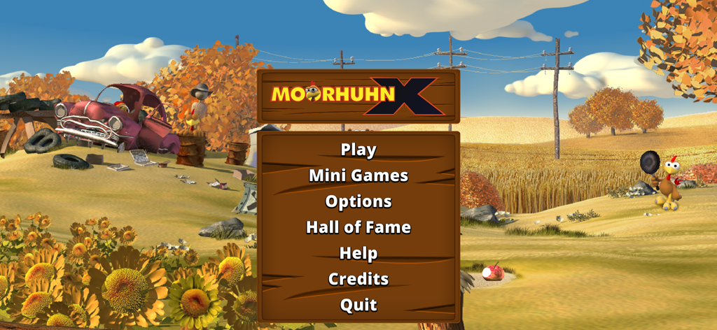 Main menu of Moorhuhn X Crazy Chicken game featuring options like Play and Mini Games against a cartoon farm background.