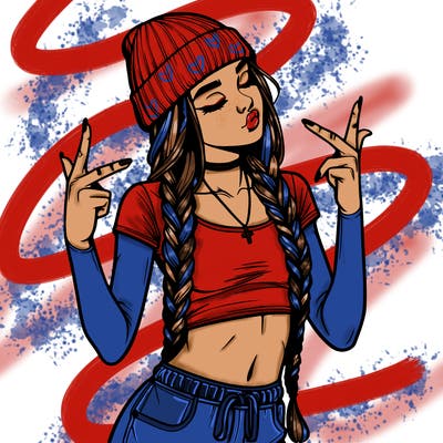 realistic teenage girl with braids and a beanie and crop top doing 🫶🏼