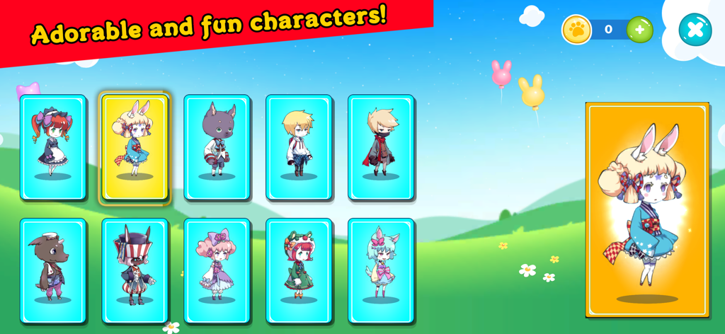 Character selection screen with adorable anime avatars in PianoTouch app