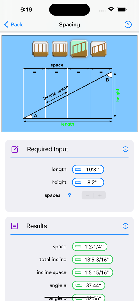 Construction Calc Pro 2 - Spacing calculator screen in Construction Calc Pro 2 displaying measurement inputs and fractional results