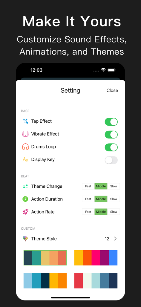 Metronome Pro - beats and BPM - Metronome Pro app settings screen for customizing sound effects animations and themes