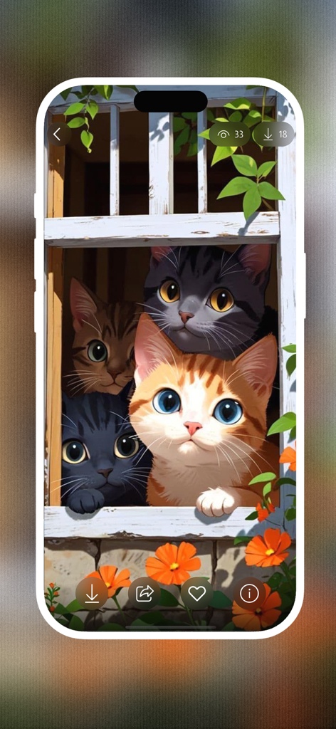 Cute Cat Wallpapers 4K - An illustration of four cute cats looking through a window on a smartphone screen app interface