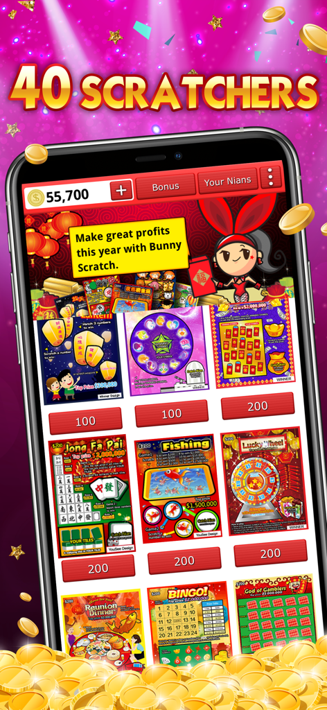 Smartphone screen showing a variety of colorful virtual lottery scratch cards with themes like Mahjong, Bingo, and Lucky Wheel