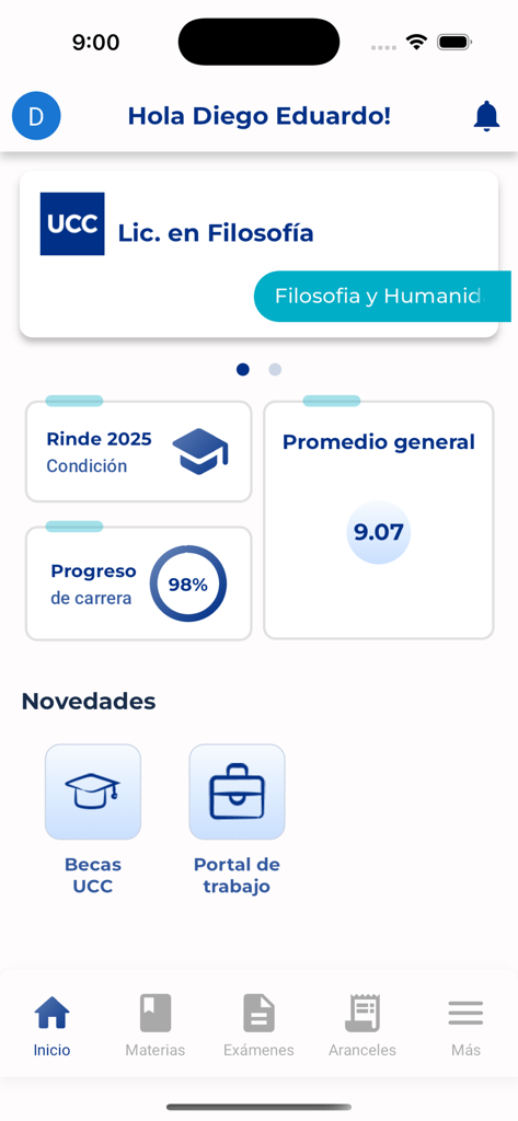 App UCC - Home screen of the UCC app displaying academic progress and university student services
