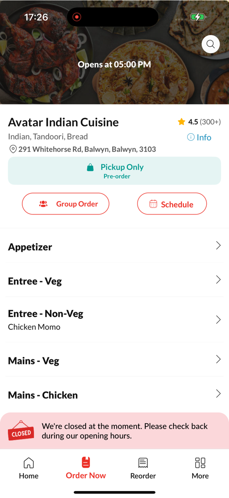 Avatar Indian Cuisine - Avatar Indian Cuisine App Menübildschirm mit Essenskategorien und Restaurantinformationen