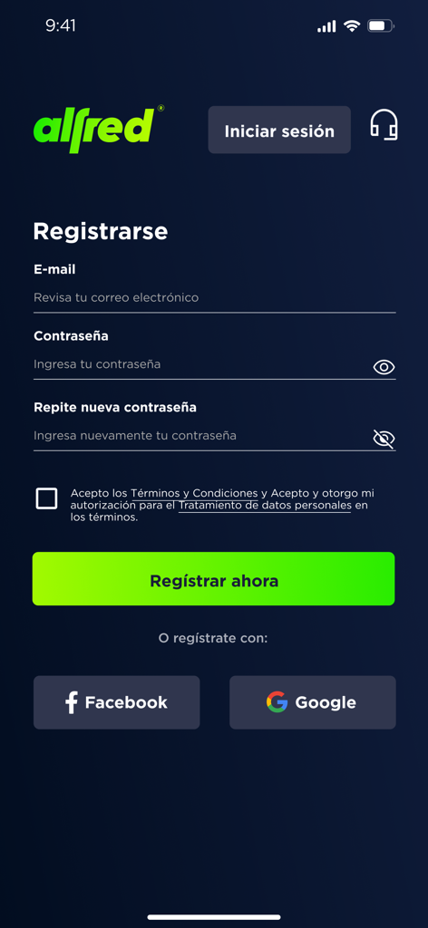 Schermata di registrazione dell'app concierge automobilistica Alfred in spagnolo