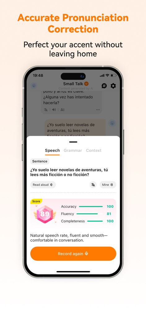 正しさ89、流暢さ89のスコアとともにSpanish Aiアプリの発音修正機能を示すスマートフォンの画面。