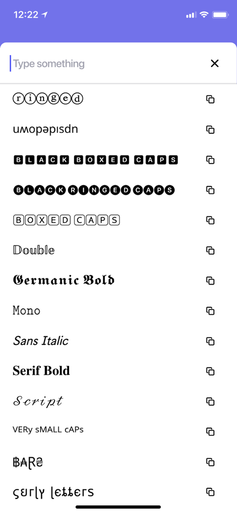 A menu of various aesthetic font styles including cursive bold and boxed text