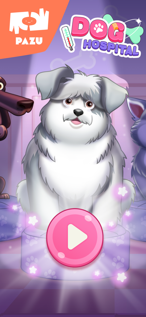Pet Hospital Kids Doctor Games - Title screen of the Pet Hospital Kids Doctor Games app featuring a cute white fluffy dog and a large pink play button.