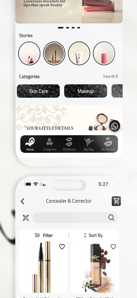 Al Shaheera - الشهيرة - Home screen and product list for Al Shaheera beauty shopping app.