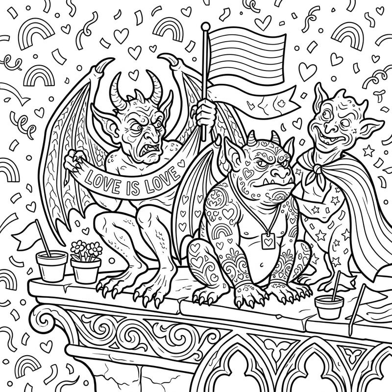Unleash your creativity with this unique coloring page featuring three grotesque gargoyles celebrating Pride Month. Adorn these powerful gothic figures with vibrant rainbow hues and symbols of love and diversity.