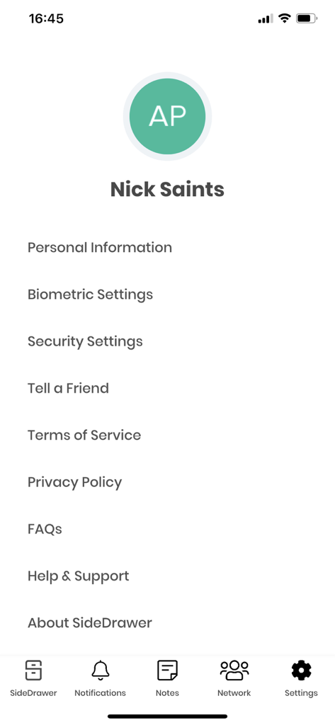 SideDrawer - SideDrawer app settings page showing user profile for Nick Saints and security configuration options