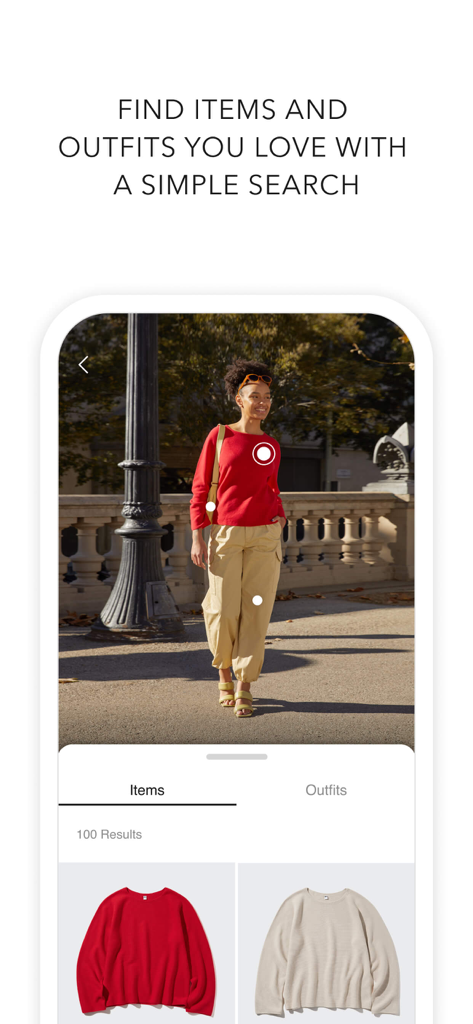 StyleHint: Style search engine - 스타일힌트 모바일 앱 화면. 빨간색 스웨터를 입은 여성이 비주얼 검색 태그로 의상 아이템이 표시되어 있습니다.