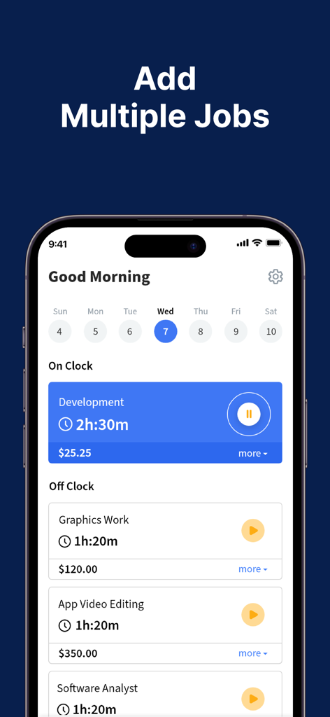 Una interfaz de aplicación móvil que muestra un panel con múltiples trabajos rastreados y sus horas de trabajo y ganancias correspondientes.