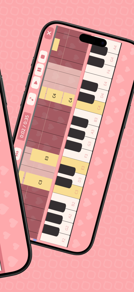 Pink piano app interface with falling tiles guide and keyboard on a smartphone