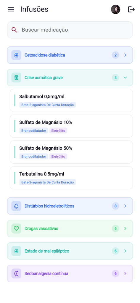 Pediatria 192 - Uma lista de protocolos de infusão pediátrica e medicamentos na interface do aplicativo Pediatria 192.