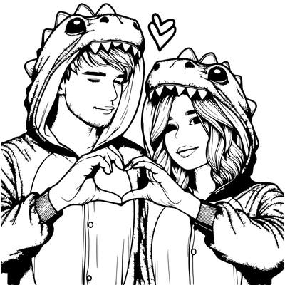 realistic couple wearing matching dinosaur onesies with heart hand gesture