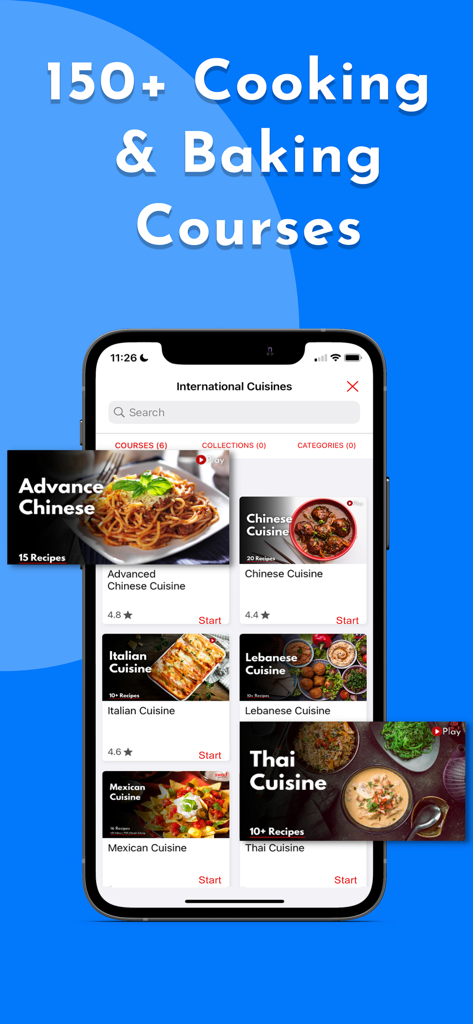 Swad Institute - Swad Institute mobile app interface showing international cooking and baking courses including Chinese Italian and Mexican cuisines