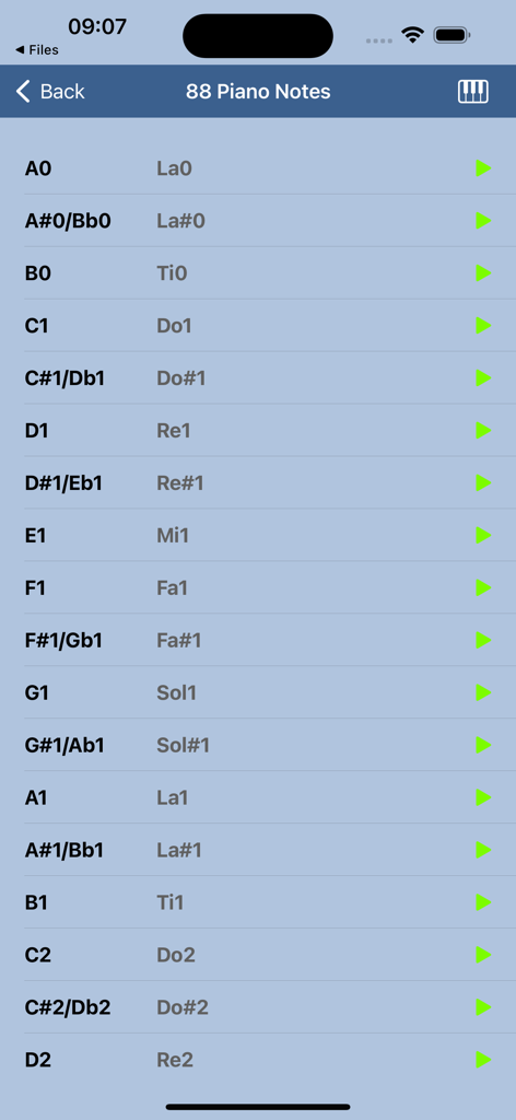 Music Notes Helper - A list of piano notes with their letter and solfege names including play buttons for ear training in the Music Notes Helper app.