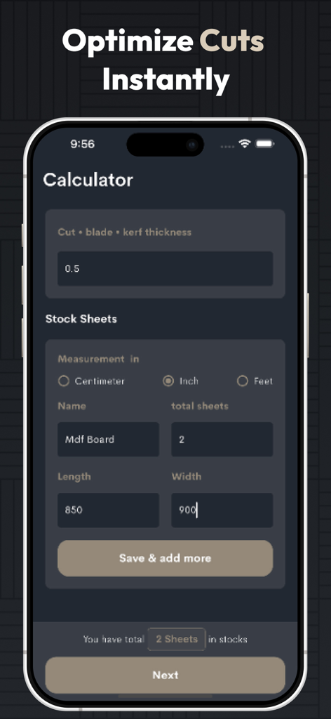 Cutlist Optimizer app calculator screen for entering sheet dimensions and material specifications