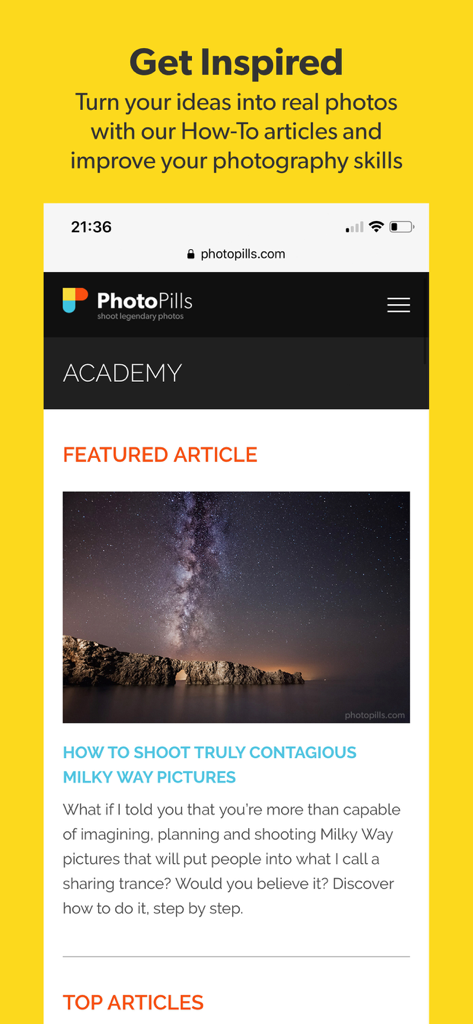 PhotoPills - PhotoPills Academy interface showing a photography tutorial about capturing the Milky Way