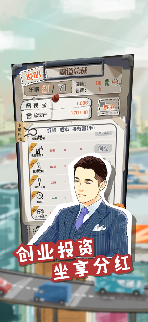 Business investment dashboard in the One Billion Small Goal mobile game.