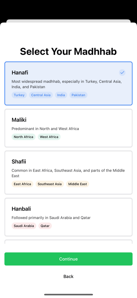 Qadaa Prayer Calculator - Qadaa 기도 계산기 앱에서 하나피, 말리키, 샤피이 또는 한발리 마드합을 선택하는 화면