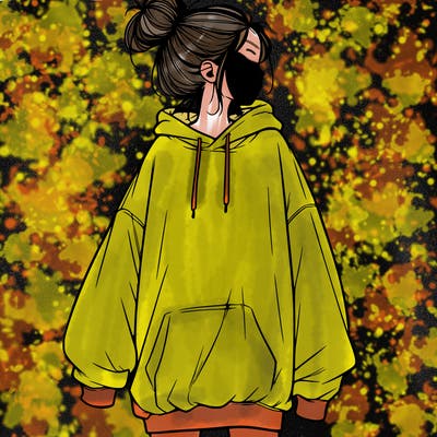 realistic girl with a oversized sweatshirt on and a bun