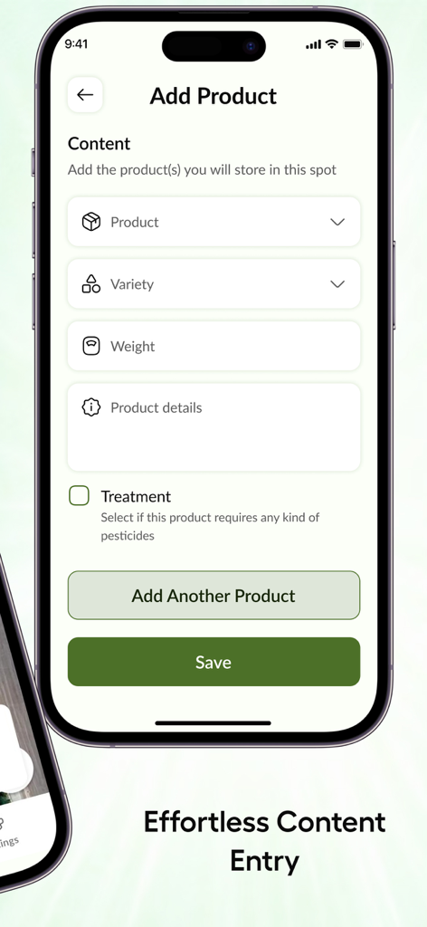 FarmTrak - Mobile screen of FarmTrak app showing the Add Product form with fields for grain variety weight and details