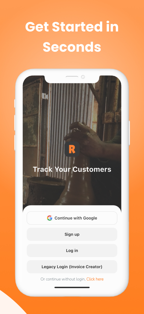 Rolly: Online Store Builder - Rolly app onboarding screen featuring login options and guest access for solopreneurs