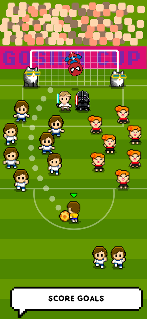 Pixel art gameplay of Soccer Goal Keeper cup showing a free kick trajectory and unlockable heroes