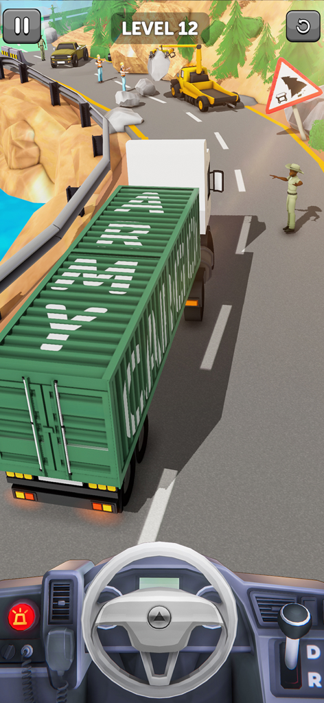 Vehicle Master 3D Driving Game - First-person view of driving an army container truck on a mountain road in a simulation game