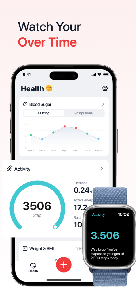 Health app interface on iPhone and Apple Watch showing blood sugar graphs and daily step counts