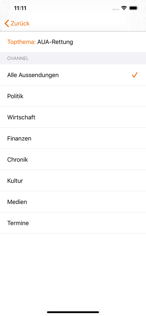 APA-OTS - Mobile app screen showing news channel categories for APA-OTS including Politics Economy and Finance