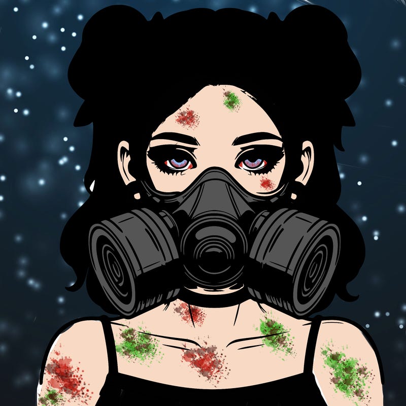 realistic lady wearing a gas mask