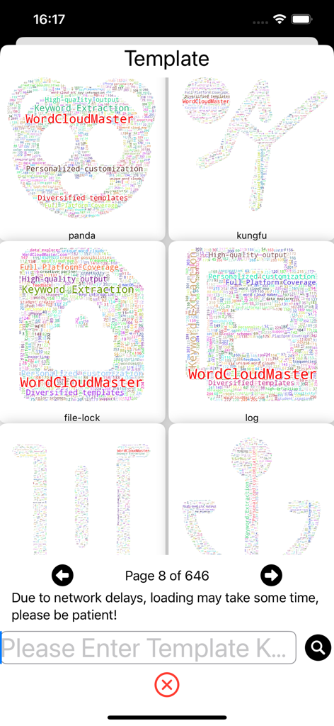 WordCloudMaster 앱 인터페이스에서 팬더 및 쿵푸 자세와 같은 다양한 모양의 워드 아트 템플릿 라이브러리를 보여줌