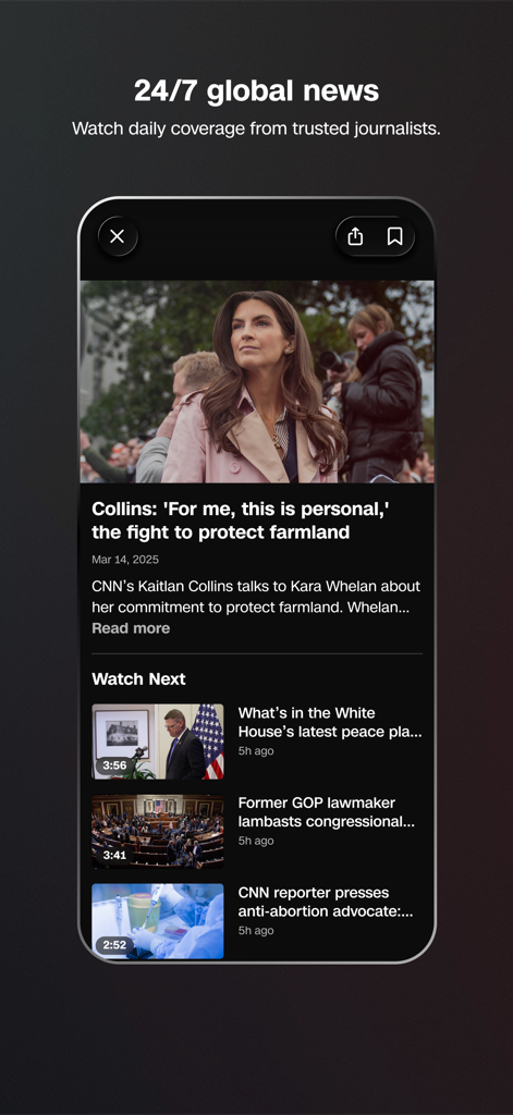 Screenshot dell'app CNN che mostra un articolo di notizie con un lettore video e una sezione Guarda dopo per la copertura delle notizie globali
