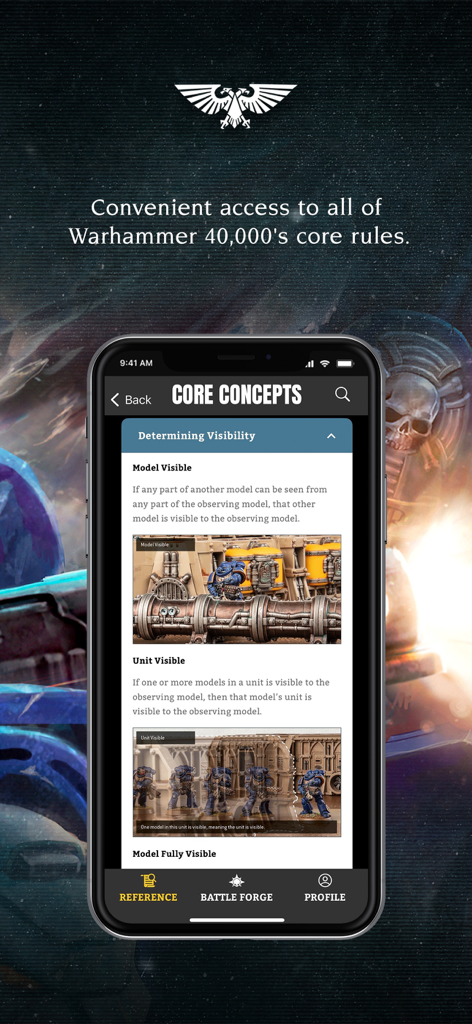 Warhammer 40,000 app interface showing core rules and unit visibility guide