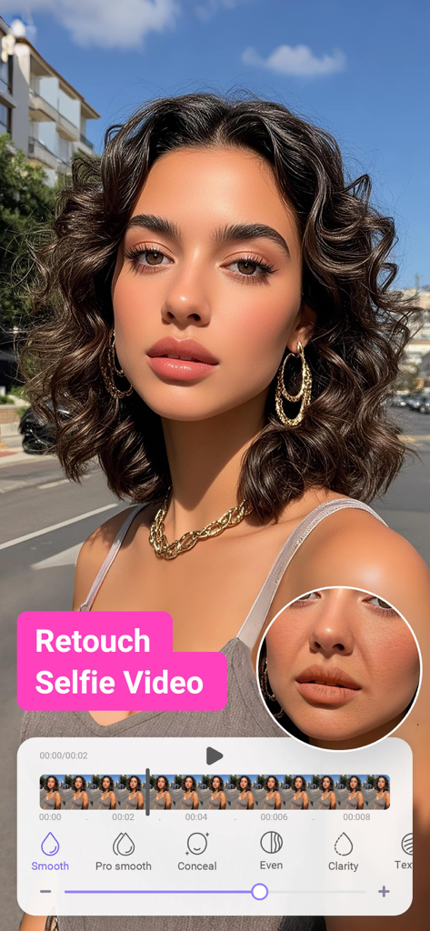 Das Gesicht einer Frau wird in der PrettyUp Video-Editor-App retuschiert, die Hautglättungsfunktionen und eine Zeitleiste anzeigt.