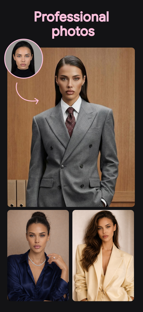 AI generated professional headshots of a woman in business suits and fashion looks