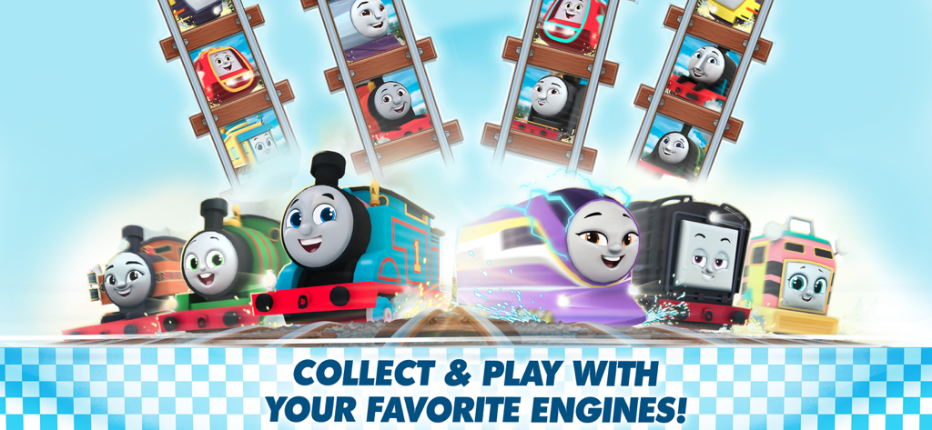 A group of colorful train engines from Thomas and Friends in a racing lineup with the text Collect and play with your favorite engines.